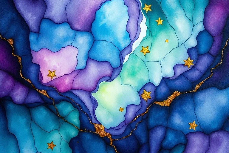 Abstract watercolor painting with bleeding blues, purples, and greens, forming a dreamlike landscape with delicate gold leaf accents, symbolizing spiritual insight.