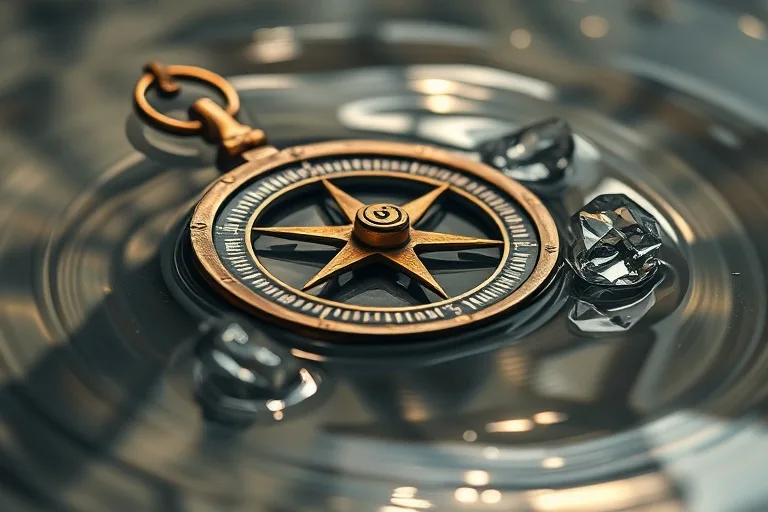 Cinematic still life of an antique, weathered compass submerged in a pool of swirling, iridescent water, reflecting distorted but beautiful light. Surrounding it are delicate, translucent crystals, suggesting clarity amidst confusion. Extreme close-up macro photography.