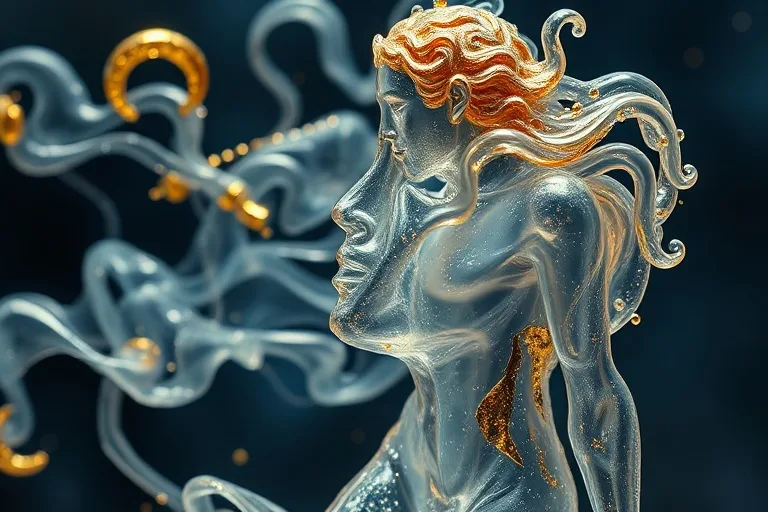 3D render of a fragile, ornate glass sculpture of a human figure, its surface gently cracking and reforming into flowing, liquid light. The background is a deep, nebulous void with faint, distant stars. Focus on texture and the interplay of light and shadow, symbolizing dissolution and spiritual rebirth. Extreme close-up macro photography.