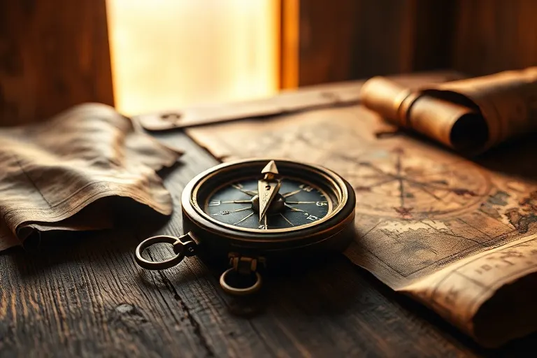 Still-life photograph of an ancient, weathered compass pointing towards a glowing horizon, with old leather-bound maps on a rustic wooden table, illuminated by warm light.