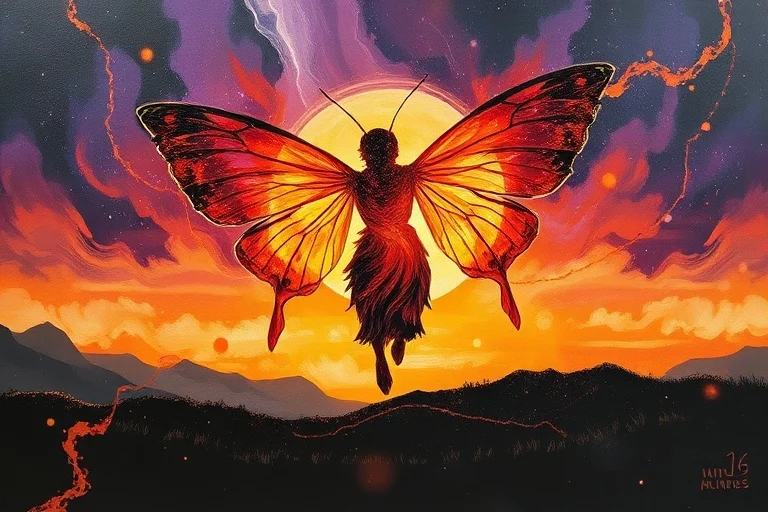Abstract oil painting of a vibrant chrysalis shedding old skin to reveal a new, radiant form, with swirling, energetic brushstrokes in the background, symbolizing transformation.