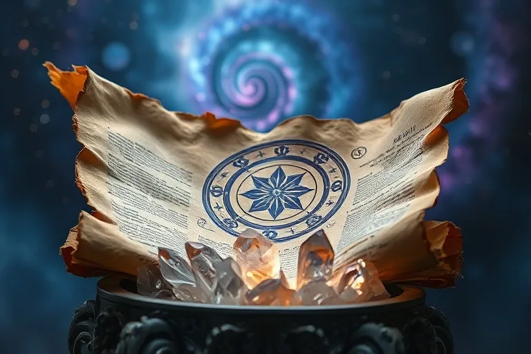 An ancient, weathered scroll unfurling to reveal glowing, futuristic symbols, resting on a pedestal of rough-hewn crystals. The background is a soft, ethereal nebula, representing the journey from past karma to future potential, extreme close-up macro photography.