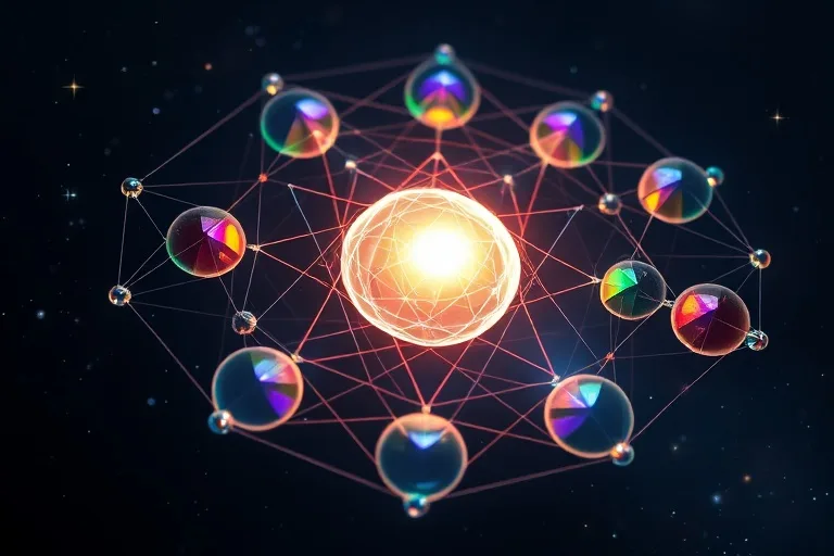 A geometric abstract composition of interconnected, glowing spheres, each representing a different astrological house, with a central, brighter sphere symbolizing the North Node's evolutionary pull. The spheres are arranged in a dynamic, ascending pattern against a dark, textured cosmic background, extreme close-up macro photography.