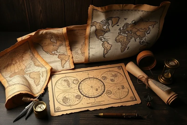 Antique maps and worn scrolls on a wooden desk, with an astrological chart, symbolizing past karmic lessons.