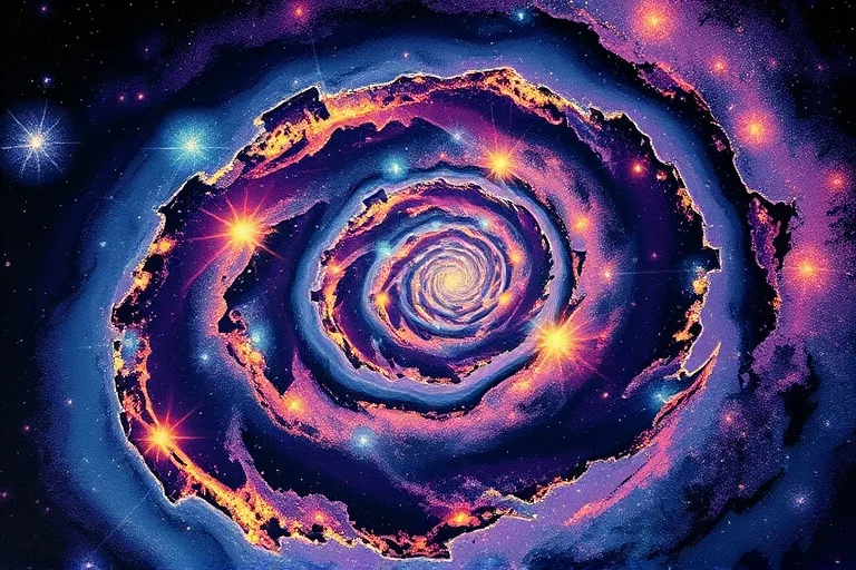 Abstract spiral galaxy with glowing nodes, representing spiritual evolution and continuous growth.