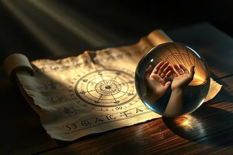 An ancient, weathered scroll unfurled on a dark wooden table, depicting abstract astrological symbols and intertwined lines, illuminated by a single light beam. A crystal ball reflects distorted hands reaching out, creating a mysterious and contemplative atmosphere.