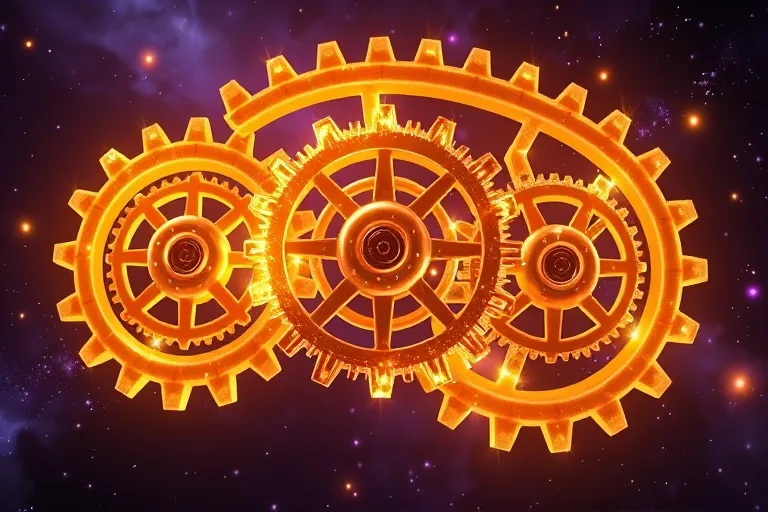 A 3D digital illustration of interlocking gears made of glowing, translucent energy, each representing a planetary aspect or nodal connection, turning within a cosmic mechanism. Shimmering light particles symbolize karmic exchange and evolution.