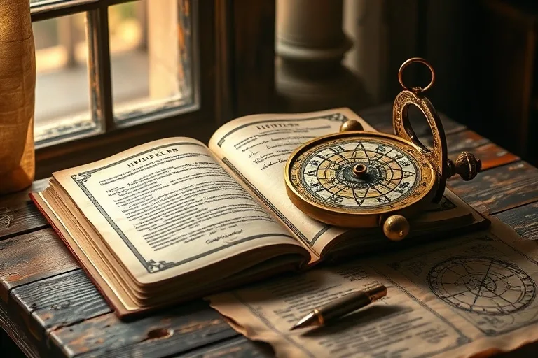 Still life of an open numerology book and an astrolabe on a wooden desk, symbolizing ancient esoteric wisdom and discovery.