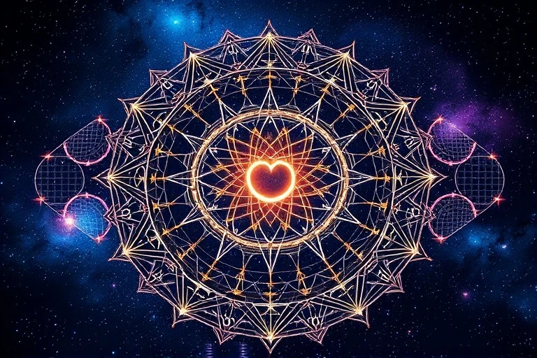 Abstract art of cosmic dust, geometric patterns, and numerical symbols, representing the hidden order of the universe.