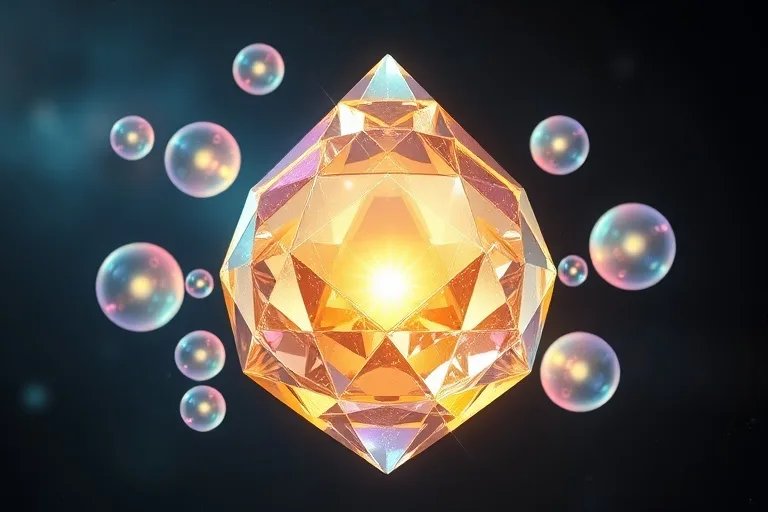 Glowing geometric crystal representing a life path with ethereal orbs of manifested desires