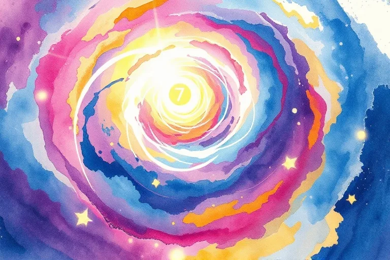 Abstract watercolor painting of a swirling vortex of vibrant colors emanating from a luminous number 7
