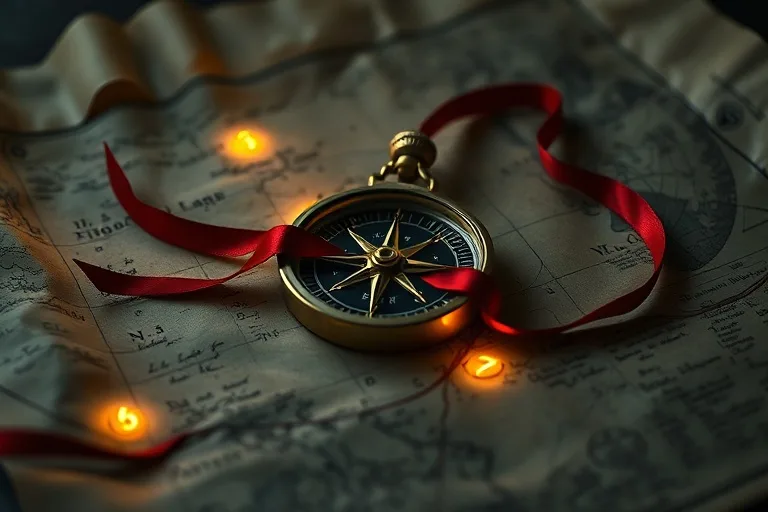 Cinematic Still Life of an antique brass compass on an open, aged parchment map, with subtle glowing numerical symbols, and a red ribbon intertwined with the compass needle.