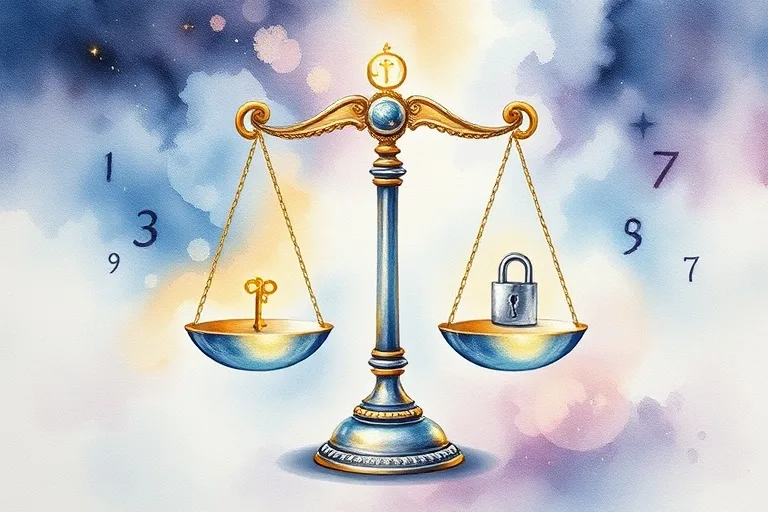 Watercolor Painting of two stylized, balanced scales, one holding a golden key and the other a silver lock, surrounded by soft, flowing watercolor numbers and symbols.
