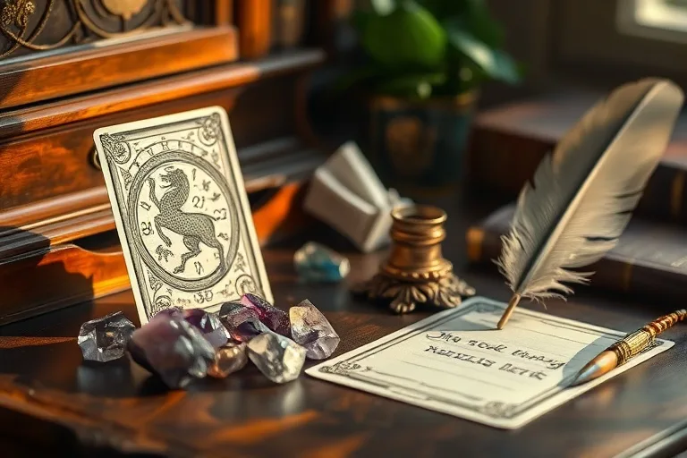 Still life of an antique desk with an oracle card, crystals, and quill
