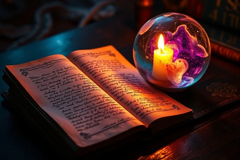 Antique leather journal open on desk, illegible script, flickering candle, crystal ball with swirling colors, cinematic still life, macro photography