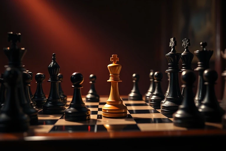 Cinematic still life of a chessboard in a strategic mid-game, symbolizing intellectual depth and problem-solving.