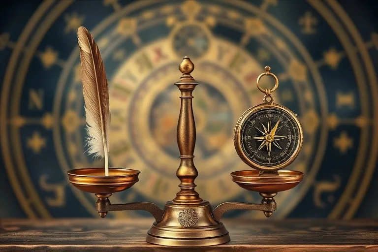 Oil painting of a balanced scale with a quill and compass, symbolizing justice, analytical insight, and strategic balance.