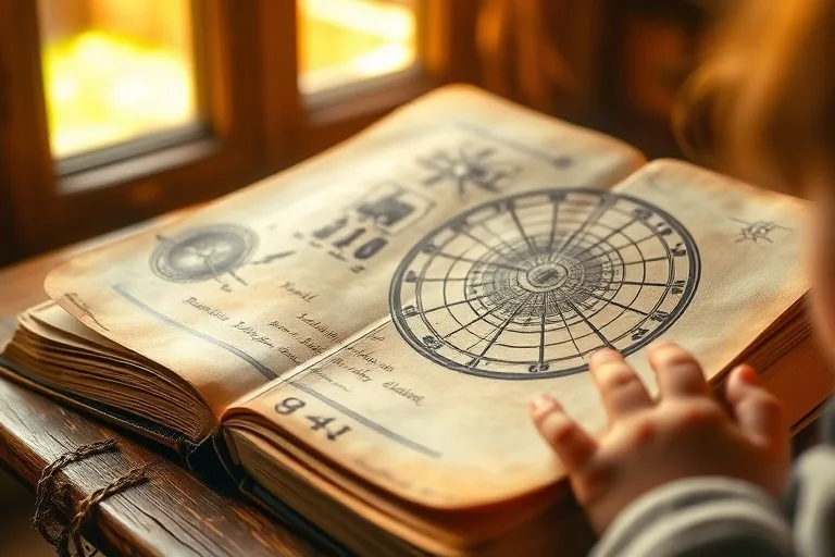 A worn, open astrology textbook resting on a wooden desk next to a child's colorful building blocks and a half-eaten apple, illuminated by the soft glow of a desk lamp. The scene evokes a parent's quiet study and contemplation.