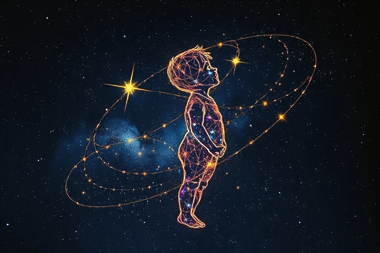 A vibrant, abstract constellation map forming the silhouette of a child's profile, with each star representing a unique talent or challenge. The colors blend harmoniously, symbolizing interconnectedness.