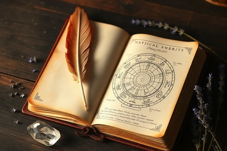 Antique journal with hand-drawn astrological chart, quill, crystal, and lavender