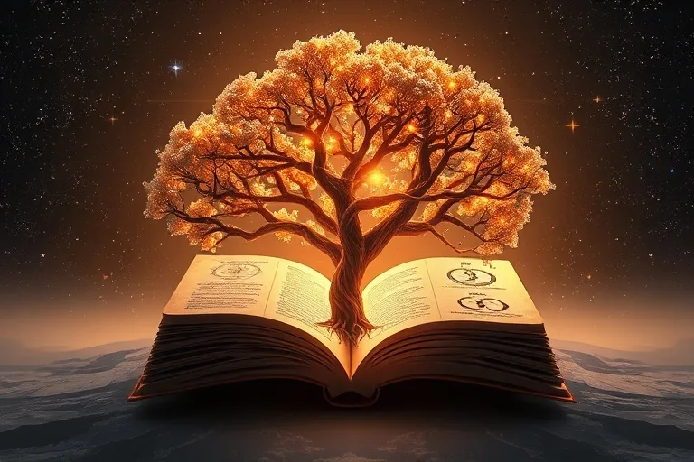Conceptual 3D render of a cosmic tree growing from an open book, symbolizing growth and protection