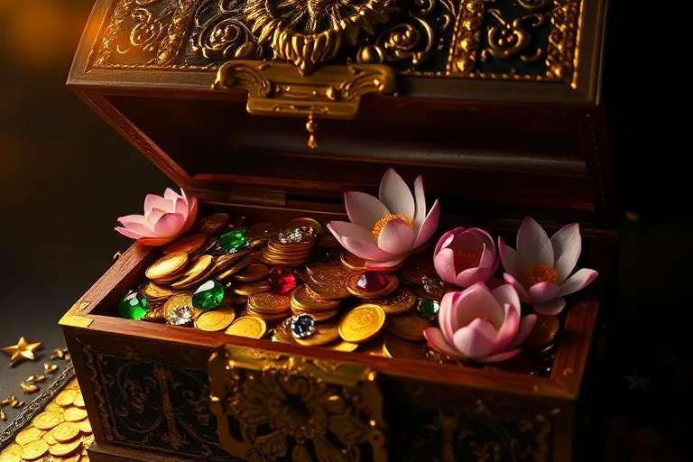 Cinematic still life of an open treasure chest filled with gold coins, gemstones, and lotus flowers, bathed in golden light.