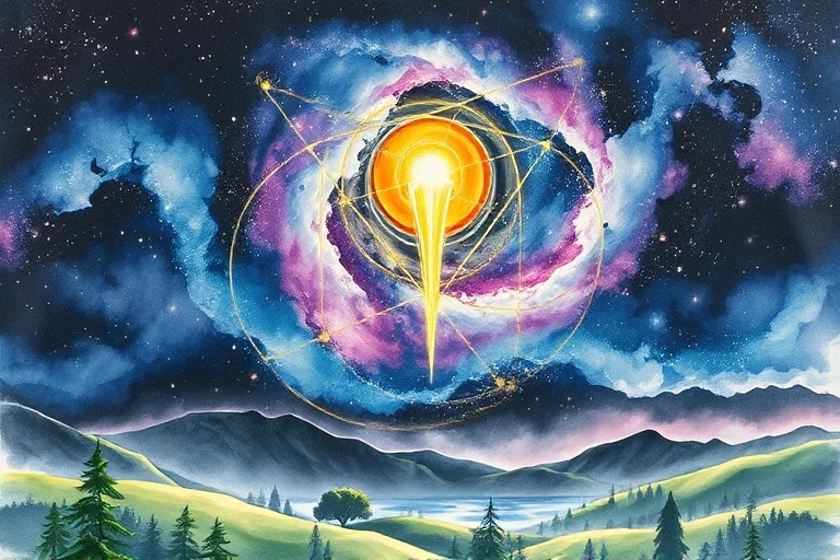 Watercolor painting of a swirling galaxy with golden lines forming an abstract map, a luminous star connecting to a serene landscape.