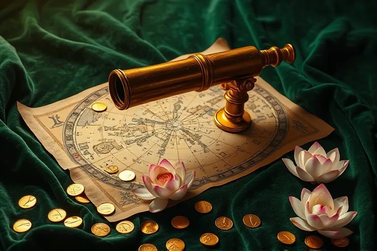 Cinematic still life of a vintage brass telescope focused on a celestial map, with scattered gold coins and blooming lotus flowers on a velvet cloth.