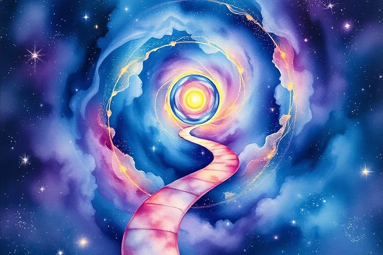 Abstract watercolor painting of swirling blues, purples, and golds forming a winding path through a starry nebula, with a radiant pearl at its end.