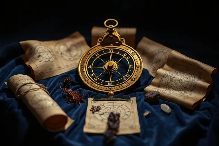 Cinematic still life of an antique astrolabe on velvet, surrounded by old astrological parchments.