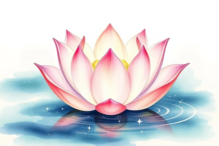 Watercolor painting of a lotus flower emerging from water, symbolizing spiritual awakening and healing.