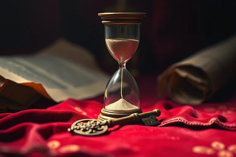 An antique hourglass, its sand flowing slowly, resting on a velvet cloth next to a single, intricately carved wooden key. Blurred ancient parchment scrolls are partially visible in the background.