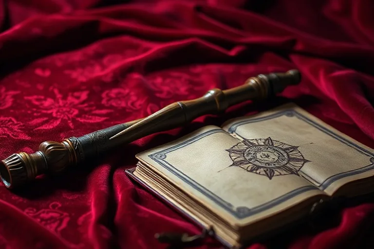 Cinematic still life of an antique wooden dowsing rod and a worn leather journal on a velvet cloth, symbolizing the historical tools and records of dowsing practice.