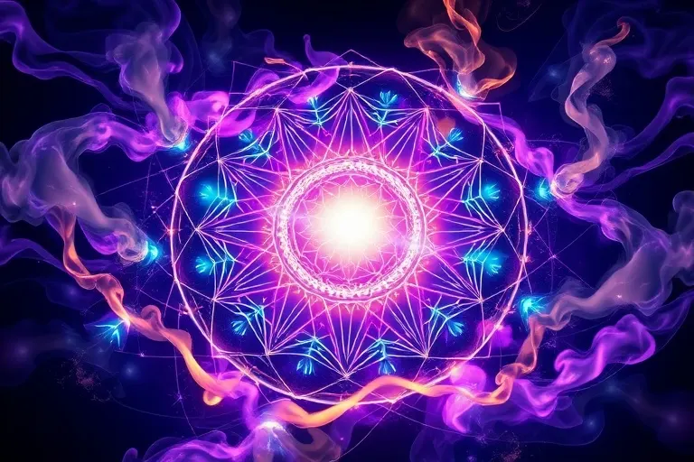 Abstract conceptual art depicting swirling patterns of iridescent light and smoke with a luminous sphere, representing universal energy and intuitive flow in dowsing.