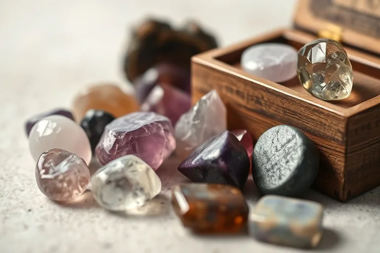 Macro photograph of polished gemstones and a wooden box, highlighting their intricate textures.