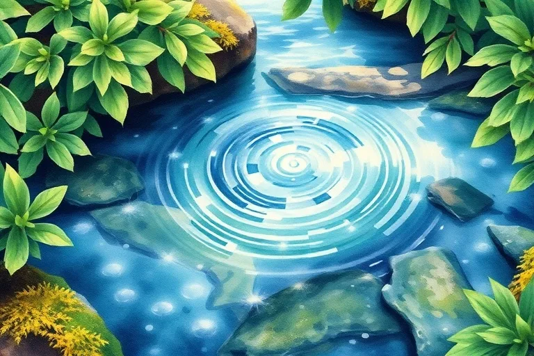 Watercolor painting depicting a serene stream with subtle energetic ripples, surrounded by green leaves.