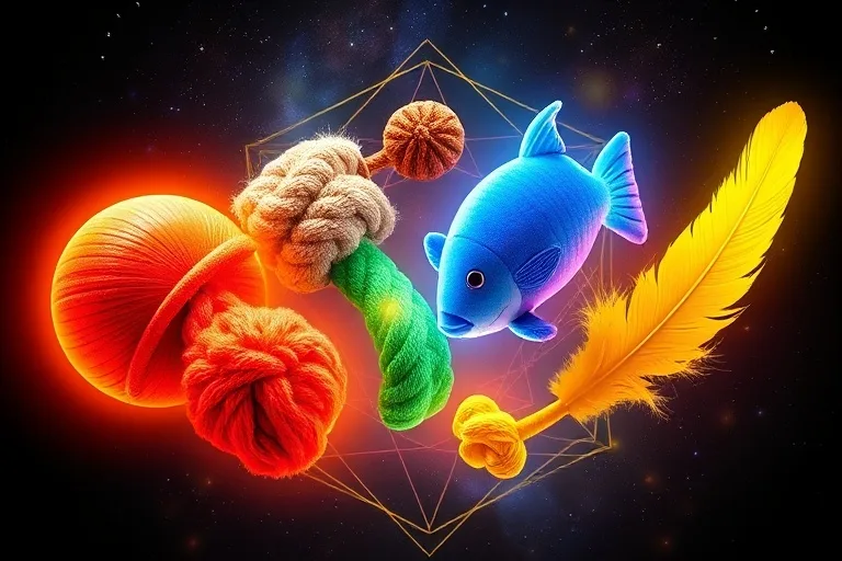 Digital illustration of pet toys glowing with elemental colors, representing the diverse astrological influences on animal behavior.