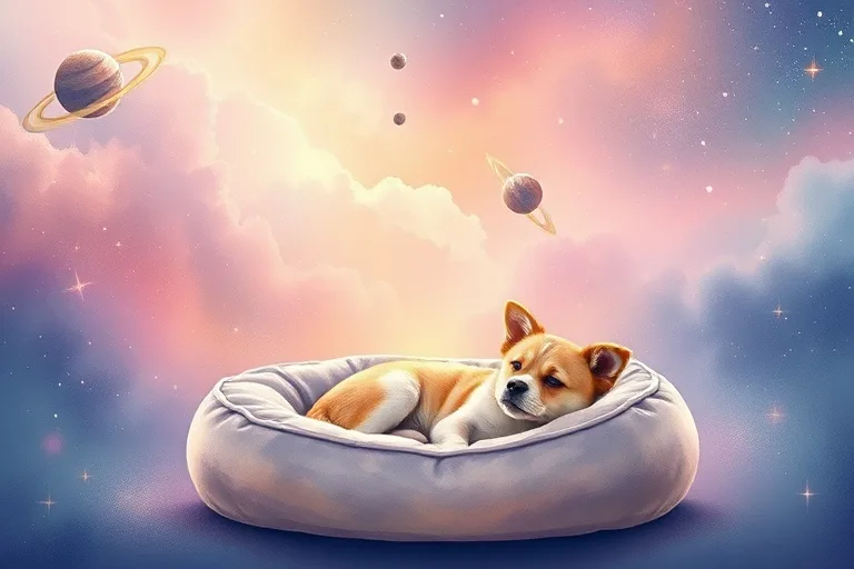 Watercolor painting of a serene, cosmic landscape with a pet bed, symbolizing comfort and a soulful connection between owner and pet.
