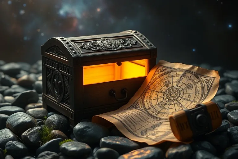 An antique wooden chest revealing a warm glow, surrounded by river stones and an ancient scroll, symbolizing hidden wisdom and inner wealth.