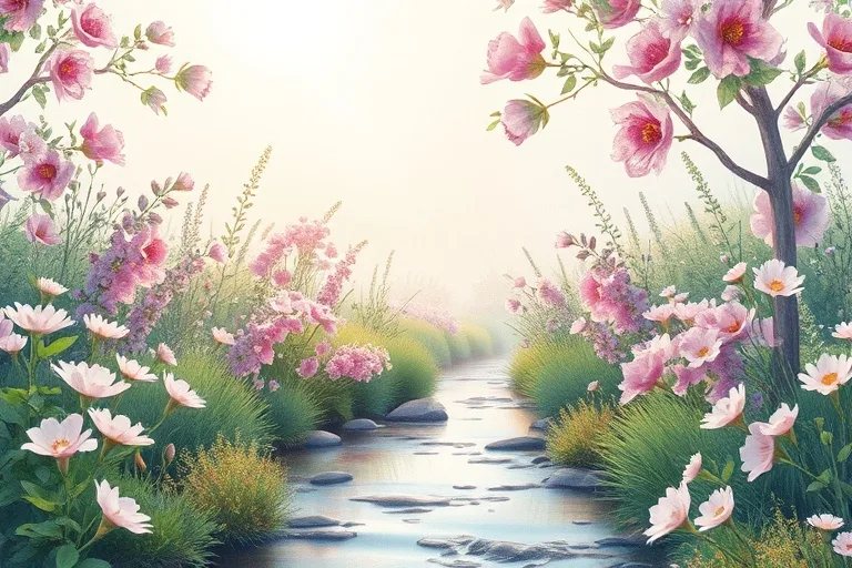A serene watercolor painting of a lush garden at dawn with a gentle stream, symbolizing continuous giving and natural abundance.