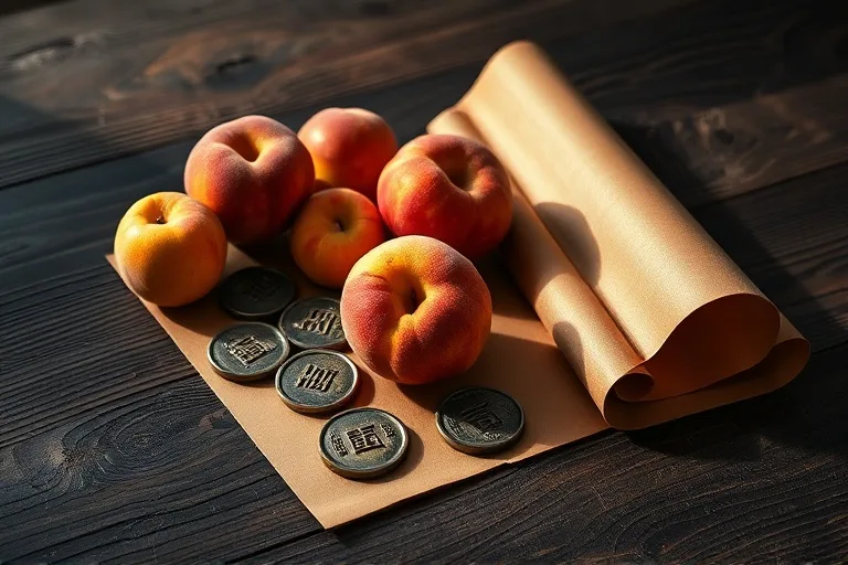 Rustic wooden table with ripe peaches, ancient Chinese coins, and a silk scroll, symbolizing abundance and history.