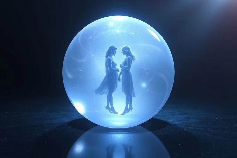 3D digital illustration of a glowing crystal ball reflecting distorted figures, symbolizing idealization in relationships.