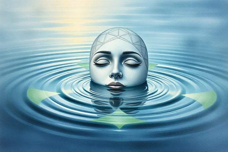 Watercolor painting of a half-submerged mask on water, symbolizing hidden depths and identity dissolution.