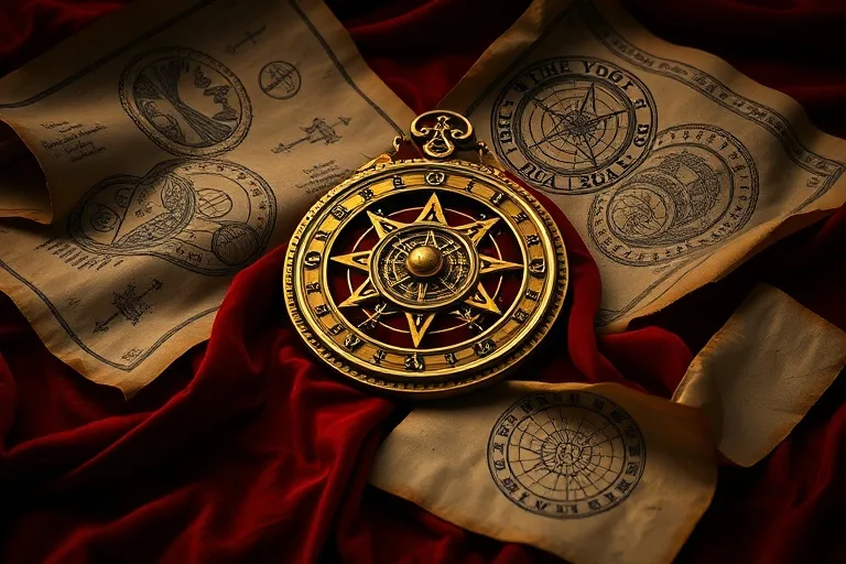 Antique brass astrolabe resting on velvet, surrounded by old parchment scrolls with astrological charts. Soft, dramatic lighting.