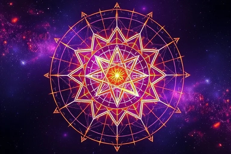 Interconnected geometric shapes and glowing energy lines forming a complex cosmic web, representing intricate relationships of planets within a birth chart. Abstract, vibrant colors.
