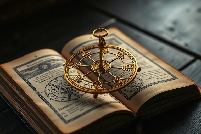 Vintage astrolabe on an old book, symbolizing natal chart analysis