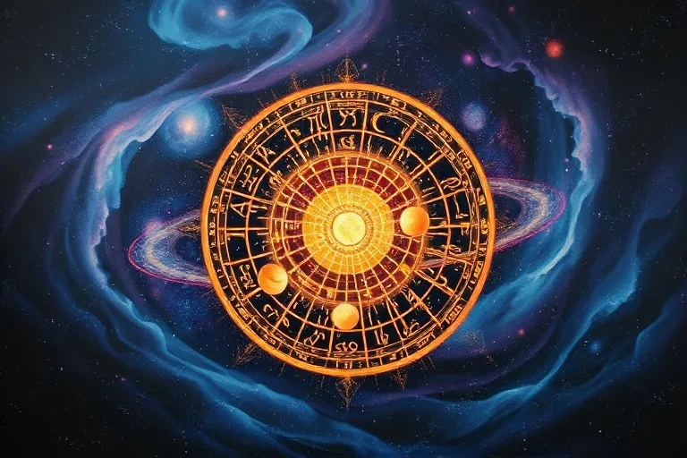 Oil painting of a celestial sphere with vibrant and muted planetary symbols