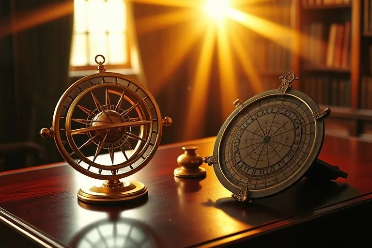 A collection of ancient astrological instruments, including an armillary sphere and astrolabe, on a mahogany desk in golden sunlight, symbolizing mastery and knowledge.