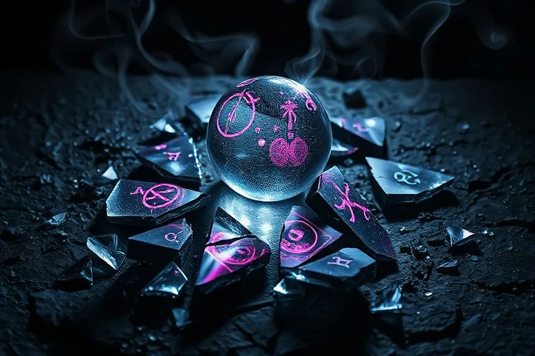 A shattered crystal ball reflecting distorted planetary symbols, scattered on a dark stone surface, surrounded by mist and shadows, conveying challenge and disharmony.