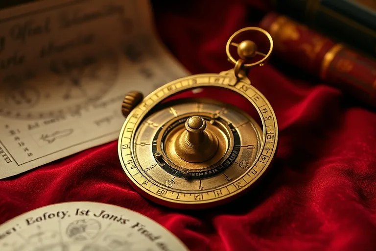 An antique brass astrolabe resting on a velvet cloth with astrological charts in the background